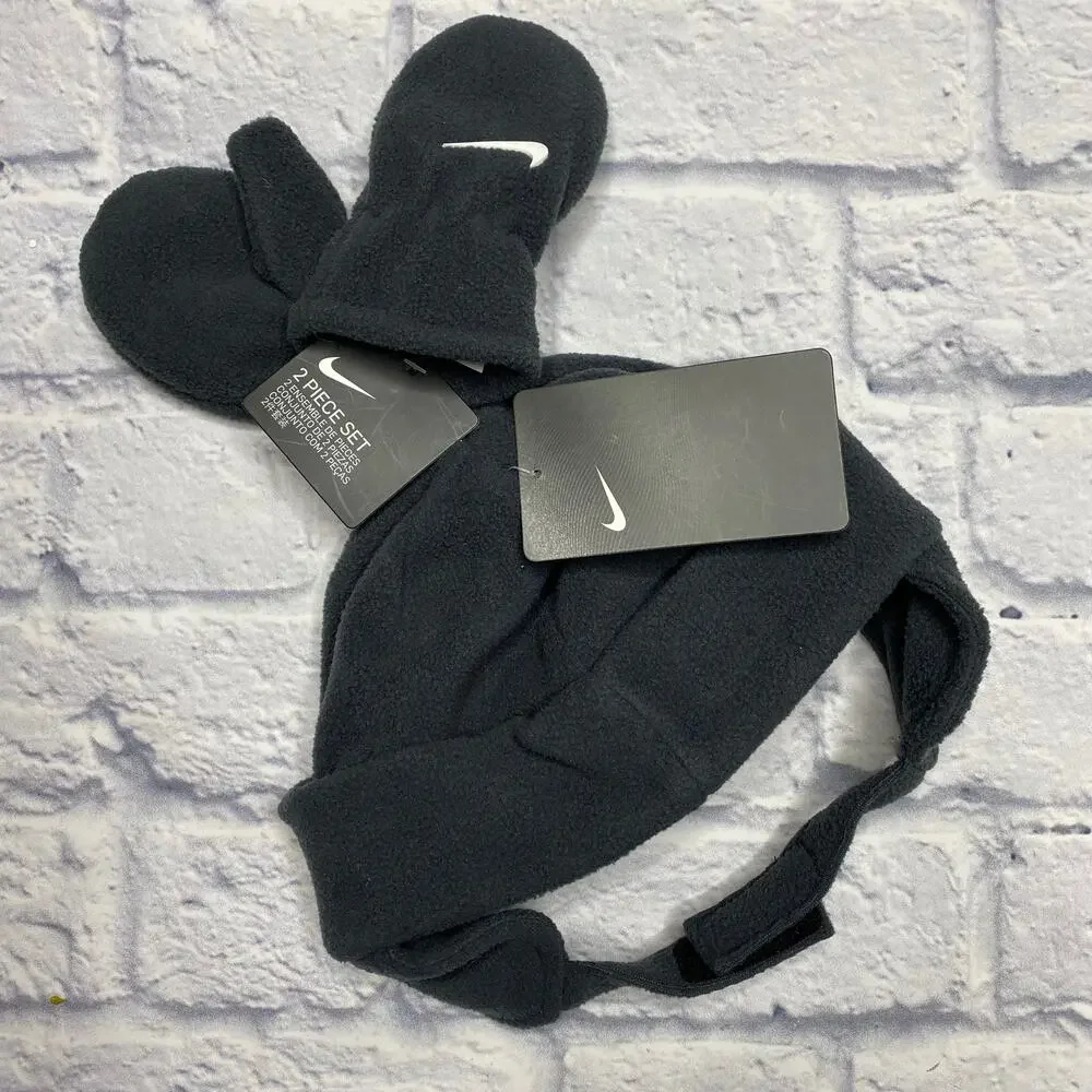 Nike Fleece Trapper Hat with Matching Mittens in Charcoal Grey